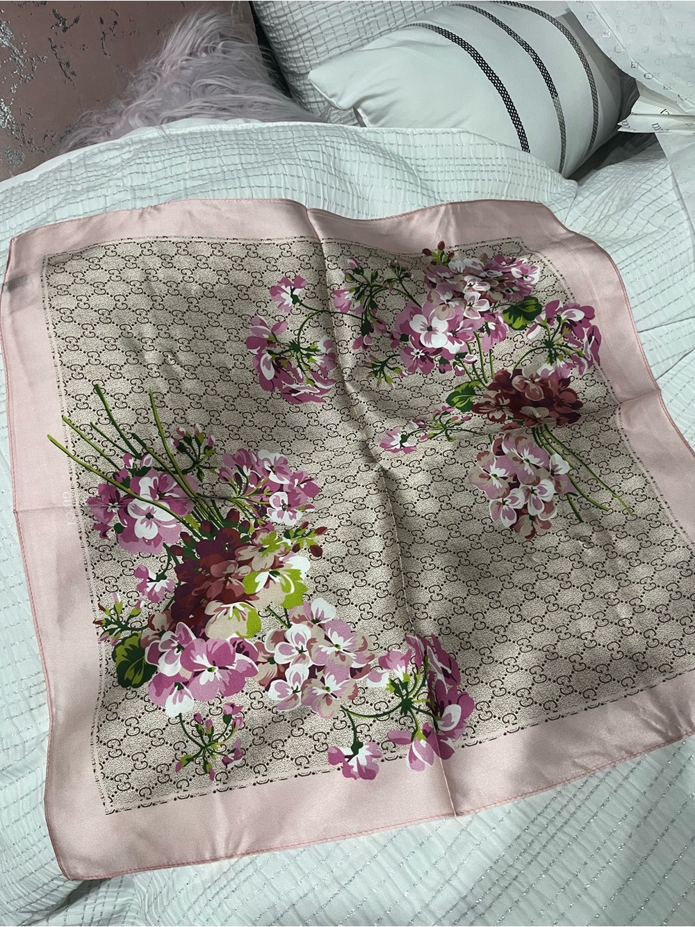 Gucci Pink Floral Monogram Silk Scarf
